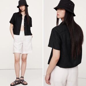 NWT Banana Republic Boxy Linen Short Sleeve Shirt MEDIUM Black Relaxed Button Up
